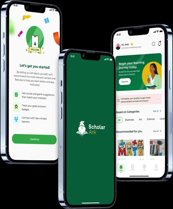 Three ScholarArk app screens: a welcome and onboarding screen, the splash screen and the home screen with course categories